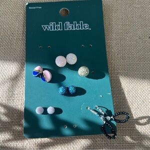 Wild Fable set of dainty stud earrings glitter circle half moon seed bead shiny